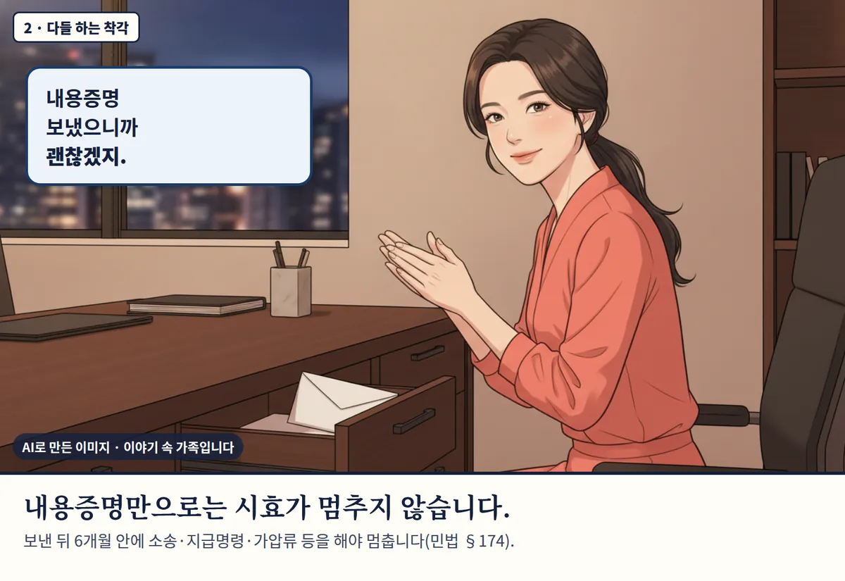 4컷 카툰 2컷(2 · 다들 하는 착각, AI로 만든 이미지, 이야기 속 가족): 내용증명 보냈으니까 괜찮겠지. 내용증명만으로는 시효가 멈추지 않습니다. 보낸 뒤 6개월 안에 소송·지급명령·가압류 등을 해야 멈춥니다(민법 §174).