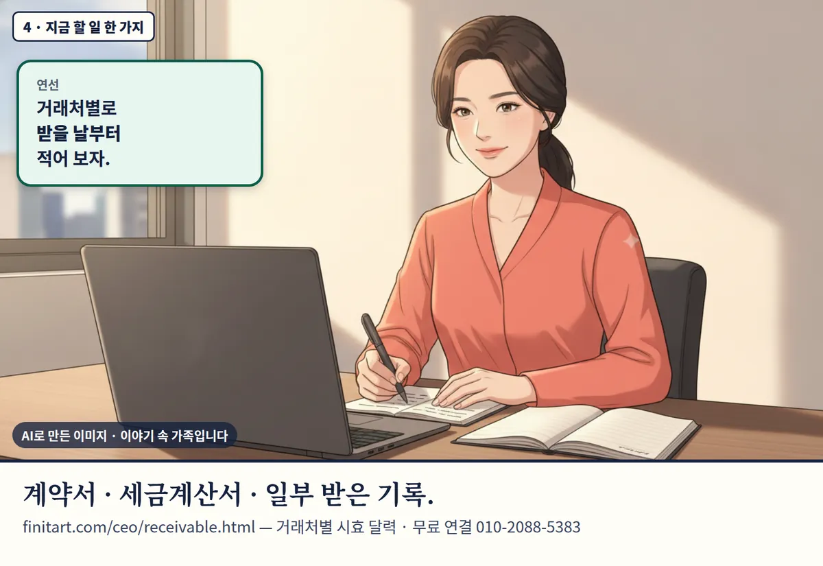 4컷 카툰 4컷(4 · 지금 할 일 한 가지, AI로 만든 이미지, 이야기 속 가족): 연선: 거래처별로 받을 날부터 적어 보자. 계약서 · 세금계산서 · 일부 받은 기록. finitart.com/ceo/receivable.html — 거래처별 시효 달력 · 무료 연결 010-2088-5383