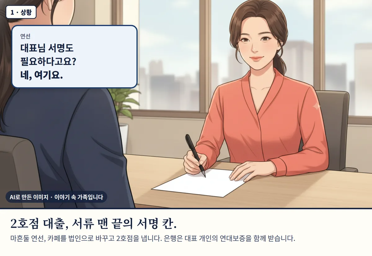 4컷 카툰 1컷(1 · 상황, AI로 만든 이미지, 이야기 속 가족): 연선: 대표님 서명도 필요하다고요? 네, 여기요. 2호점 대출, 서류 맨 끝의 서명 칸. 마흔둘 연선, 카페를 법인으로 바꾸고 2호점을 냅니다. 은행은 대표 개인의 연대보증을 함께 받습니다.