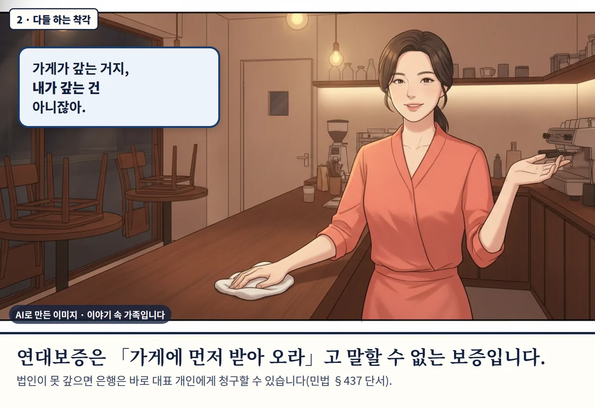 4컷 카툰 2컷(2 · 다들 하는 착각, AI로 만든 이미지, 이야기 속 가족): 가게가 갚는 거지, 내가 갚는 건 아니잖아. 연대보증은 「가게에 먼저 받아 오라」고 말할 수 없는 보증입니다. 법인이 못 갚으면 은행은 바로 대표 개인에게 청구할 수 있습니다(민법 §437 단서).