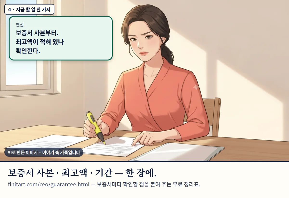 4컷 카툰 4컷(4 · 지금 할 일 한 가지, AI로 만든 이미지, 이야기 속 가족): 연선: 보증서 사본부터. 최고액이 적혀 있나 확인한다. 보증서 사본 · 최고액 · 기간 — 한 장에. finitart.com/ceo/guarantee.html — 보증서마다 확인할 점을 붙여 주는 무료 정리표.