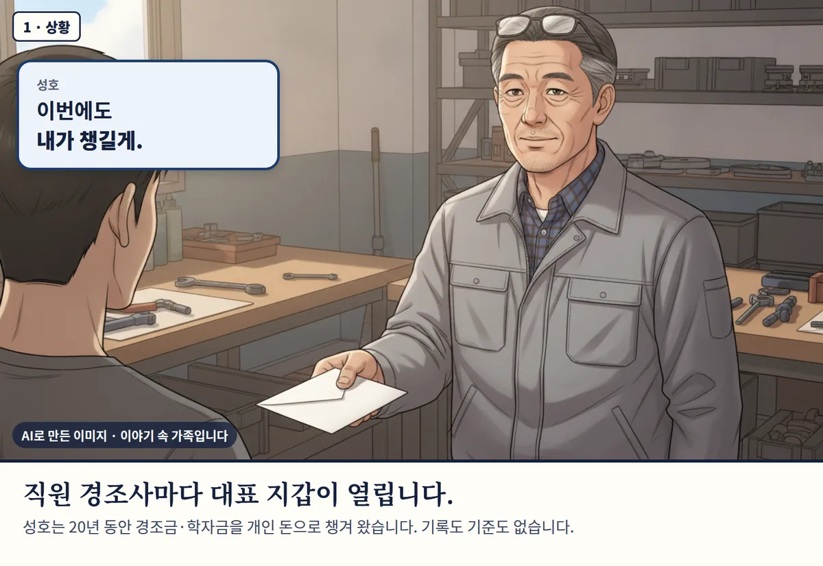 4컷 카툰 1컷(1 · 상황, AI로 만든 이미지, 이야기 속 가족): 성호: 이번에도 내가 챙길게. 직원 경조사마다 대표 지갑이 열립니다. 성호는 20년 동안 경조금·학자금을 개인 돈으로 챙겨 왔습니다. 기록도 기준도 없습니다.