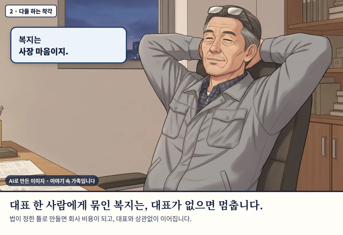 4컷 카툰 2컷(2 · 다들 하는 착각, AI로 만든 이미지, 이야기 속 가족): 복지는 사장 마음이지. 대표 한 사람에게 묶인 복지는, 대표가 없으면 멈춥니다. 법이 정한 틀로 만들면 회사 비용이 되고, 대표와 상관없이 이어집니다.