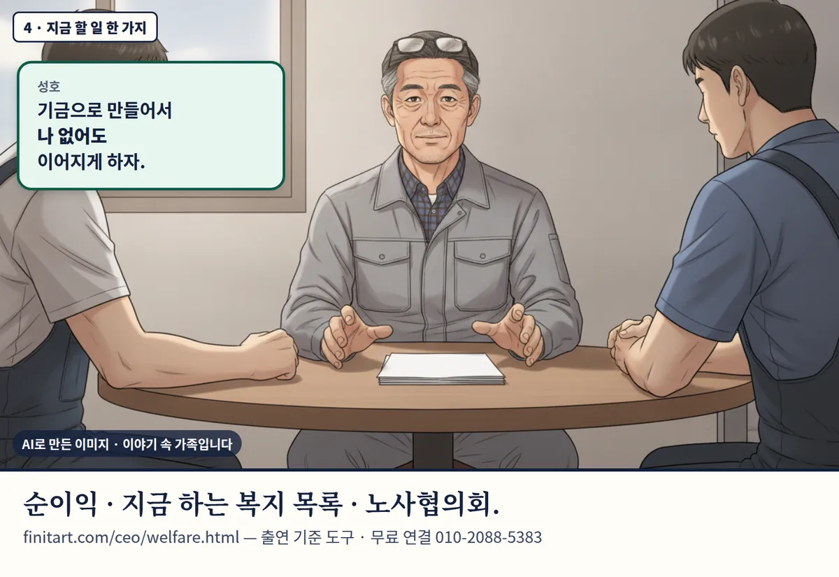 4컷 카툰 4컷(4 · 지금 할 일 한 가지, AI로 만든 이미지, 이야기 속 가족): 성호: 기금으로 만들어서 나 없어도 이어지게 하자. 순이익 · 지금 하는 복지 목록 · 노사협의회. finitart.com/ceo/welfare.html — 출연 기준 도구 · 무료 연결 010-2088-5383