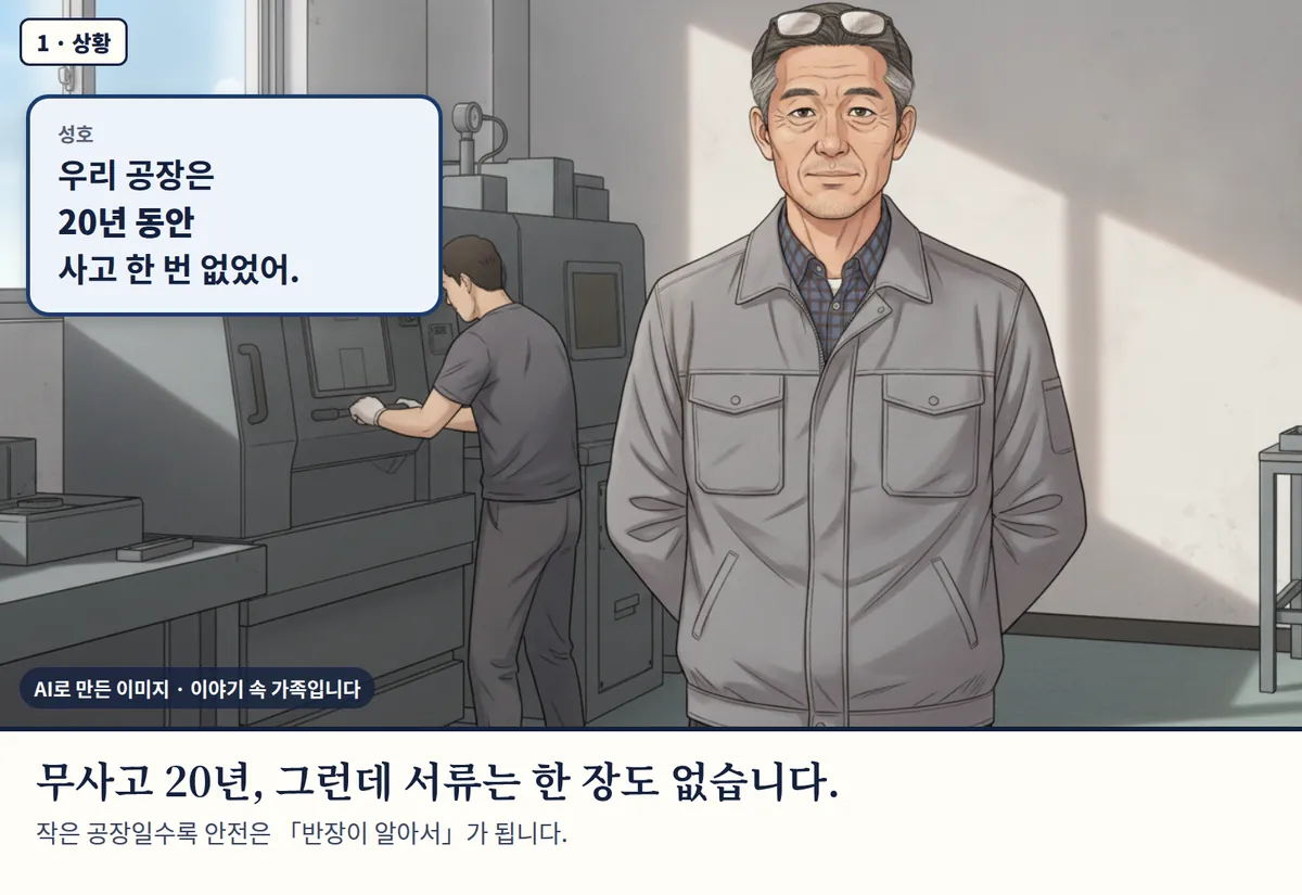 4컷 카툰 1컷(1 · 상황, AI로 만든 이미지, 이야기 속 가족): 성호: 우리 공장은 20년 동안 사고 한 번 없었어. 무사고 20년, 그런데 서류는 한 장도 없습니다. 작은 공장일수록 안전은 「반장이 알아서」가 됩니다.