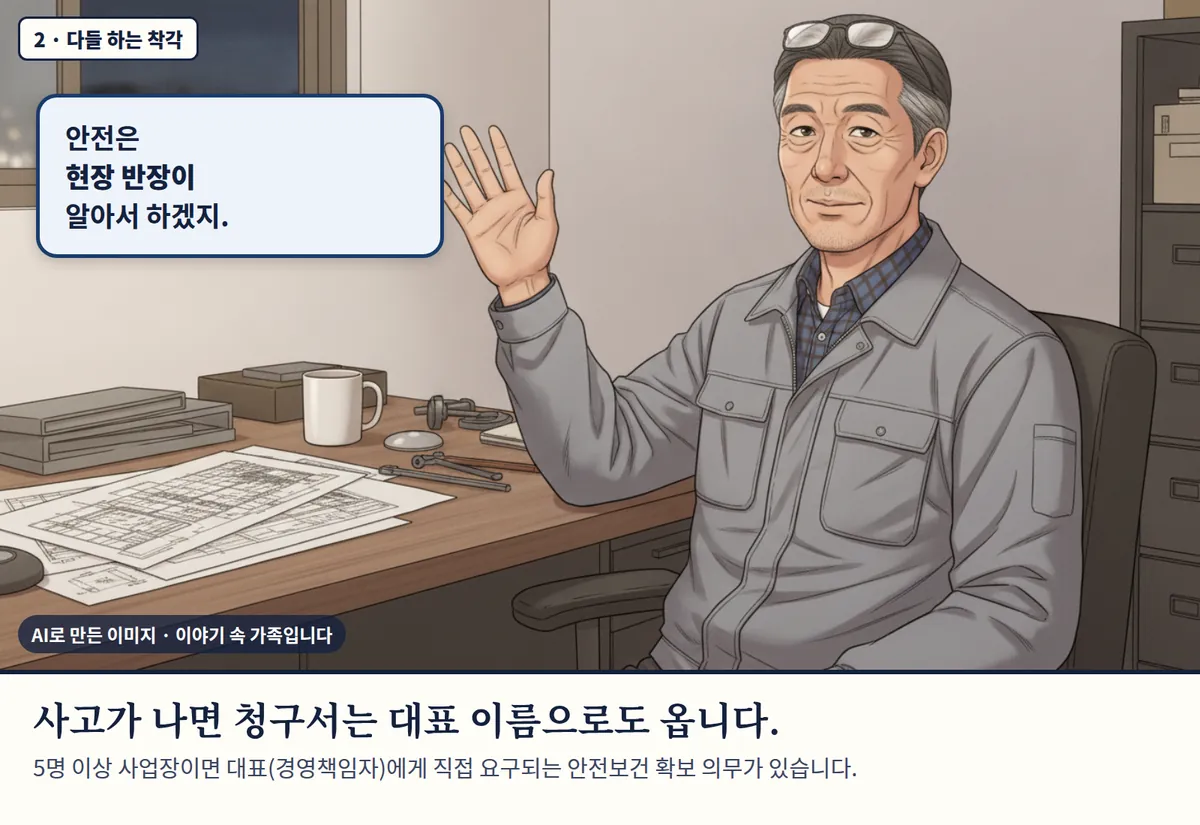 4컷 카툰 2컷(2 · 다들 하는 착각, AI로 만든 이미지, 이야기 속 가족): 안전은 현장 반장이 알아서 하겠지. 사고가 나면 청구서는 대표 이름으로도 옵니다. 5명 이상 사업장이면 대표(경영책임자)에게 직접 요구되는 안전보건 확보 의무가 있습니다.