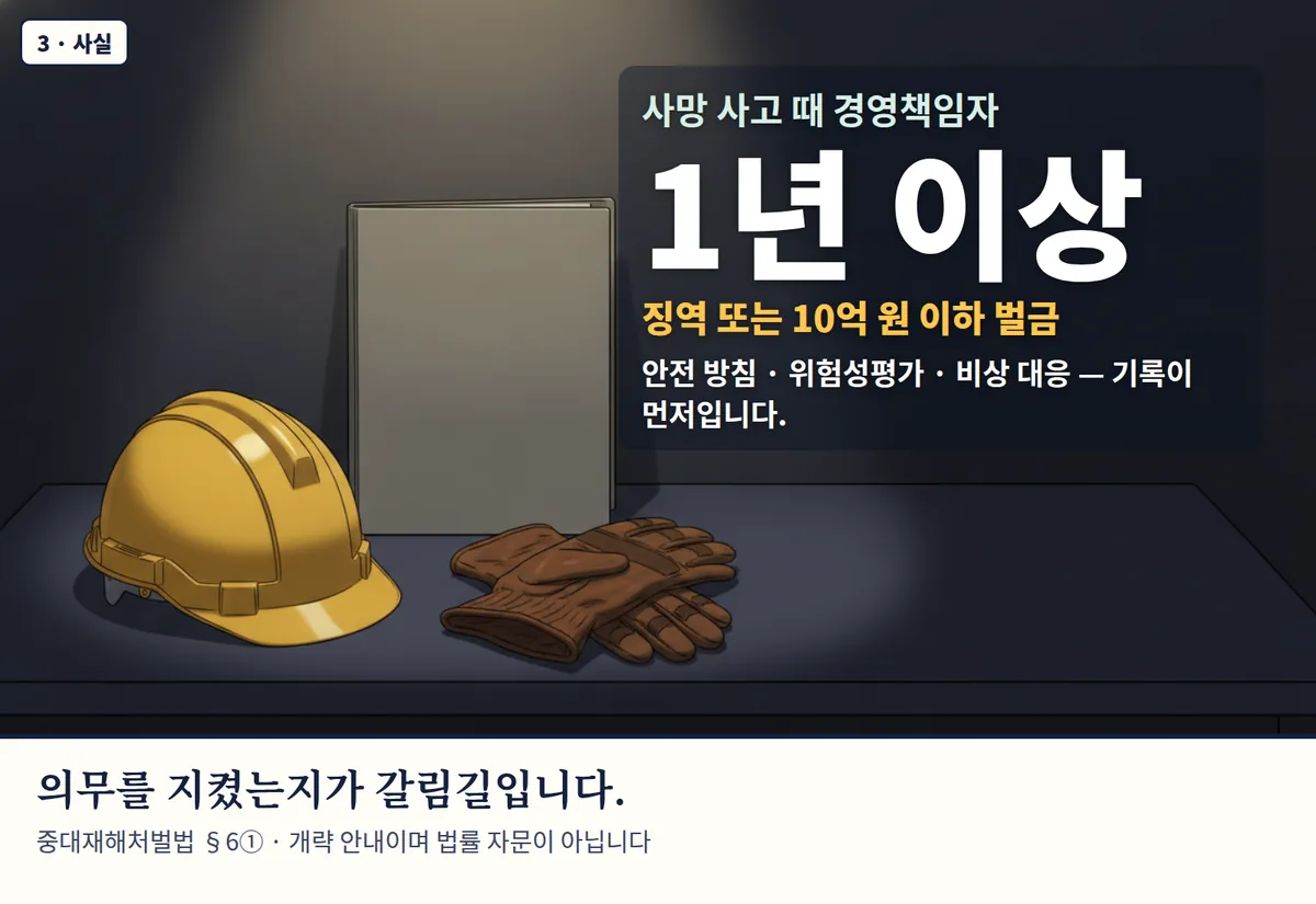 4컷 카툰 3컷(3 · 사실, AI로 만든 이미지, 이야기 속 가족): 사망 사고 때 경영책임자 1년 이상 — 징역 또는 10억 원 이하 벌금. 안전 방침 · 위험성평가 · 비상 대응 — 기록이 먼저입니다. 의무를 지켰는지가 갈림길입니다. 중대재해처벌법 §6① · 개략 안내이며 법률 자문이 아닙니다