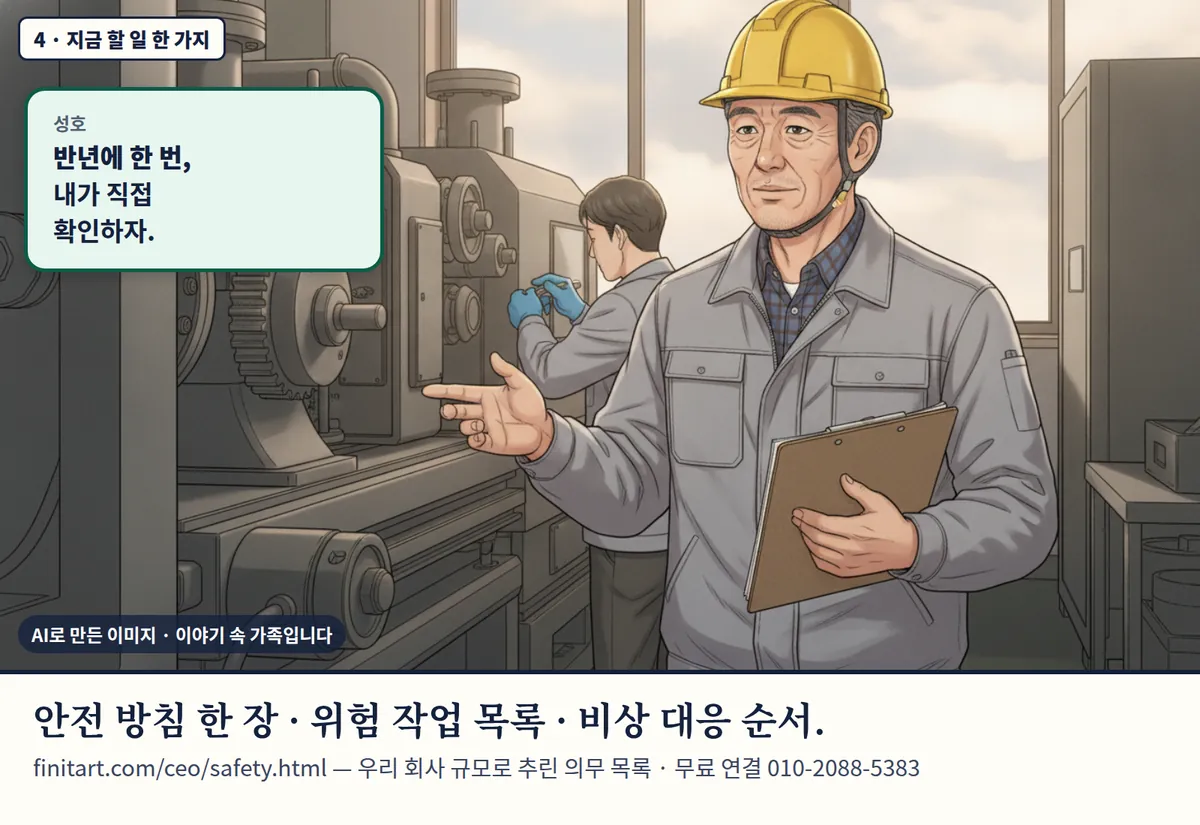 4컷 카툰 4컷(4 · 지금 할 일 한 가지, AI로 만든 이미지, 이야기 속 가족): 성호: 반년에 한 번, 내가 직접 확인하자. 안전 방침 한 장 · 위험 작업 목록 · 비상 대응 순서. finitart.com/ceo/safety.html — 우리 회사 규모로 추린 의무 목록 · 무료 연결 010-2088-5383