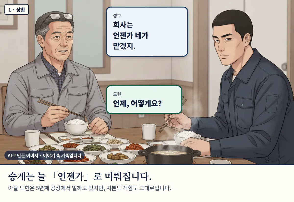 4컷 카툰 1컷(1 · 상황, AI로 만든 이미지, 이야기 속 가족): 성호: 회사는 언젠가 네가 맡겠지. / 도현: 언제, 어떻게요? 승계는 늘 「언젠가」로 미뤄집니다. 아들 도현은 5년째 공장에서 일하고 있지만, 지분도 직함도 그대로입니다.