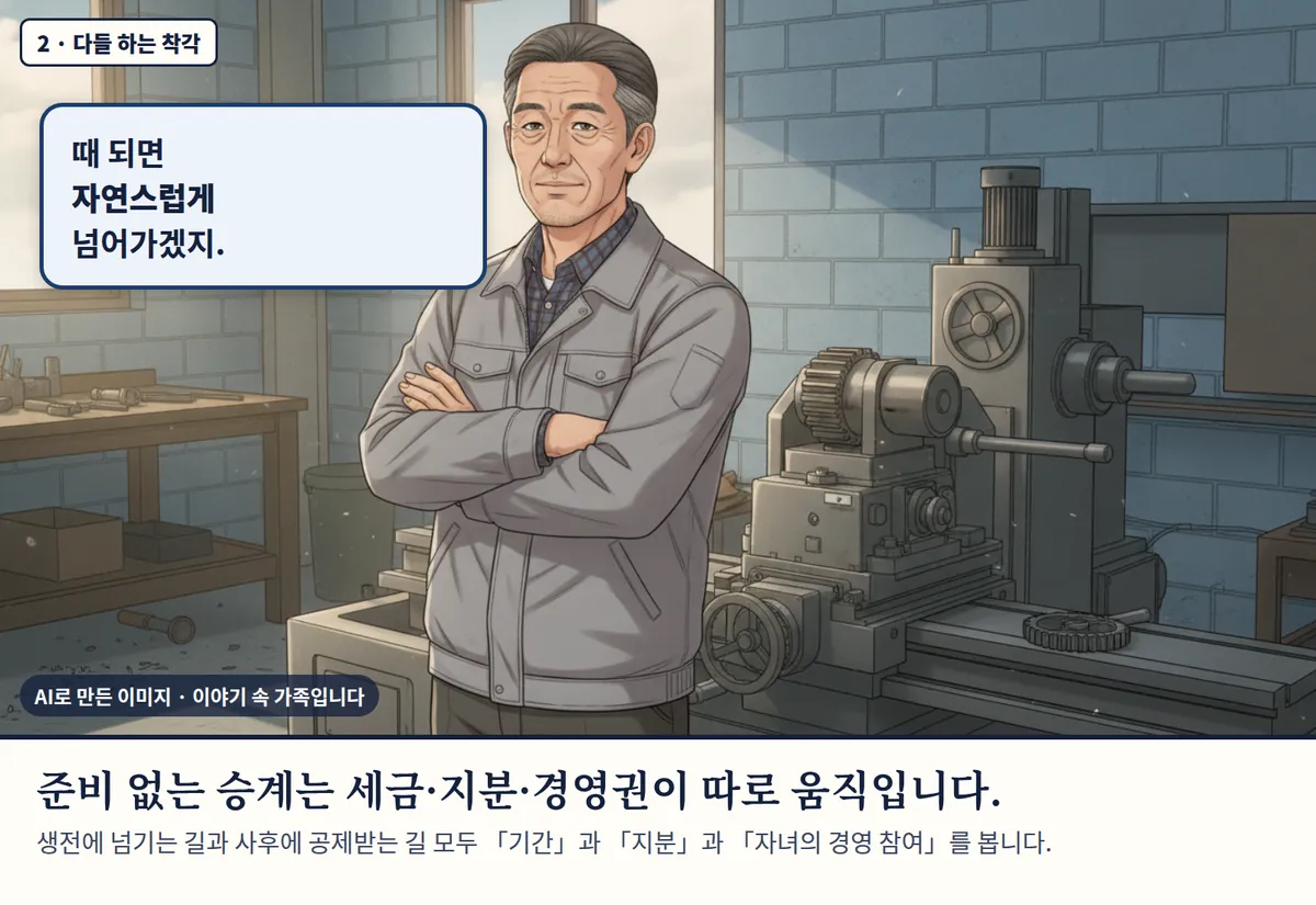 4컷 카툰 2컷(2 · 다들 하는 착각, AI로 만든 이미지, 이야기 속 가족): 때 되면 자연스럽게 넘어가겠지. 준비 없는 승계는 세금·지분·경영권이 따로 움직입니다. 생전에 넘기는 길과 사후에 공제받는 길 모두 「기간」과 「지분」과 「자녀의 경영 참여」를 봅니다.
