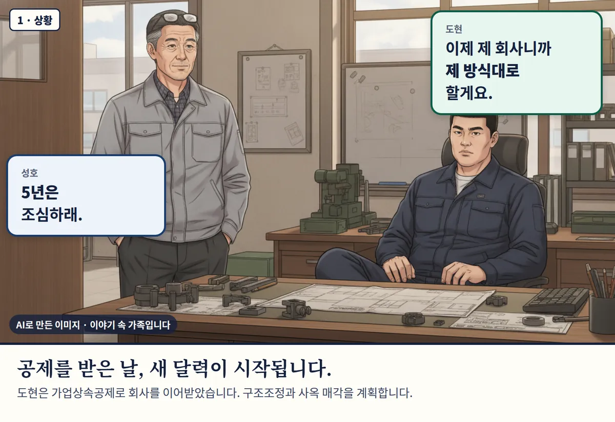 4컷 카툰 1컷(1 · 상황, AI로 만든 이미지, 이야기 속 가족): 성호: 5년은 조심하래. / 도현: 이제 제 회사니까 제 방식대로 할게요. 공제를 받은 날, 새 달력이 시작됩니다. 도현은 가업상속공제로 회사를 이어받았습니다. 구조조정과 사옥 매각을 계획합니다.