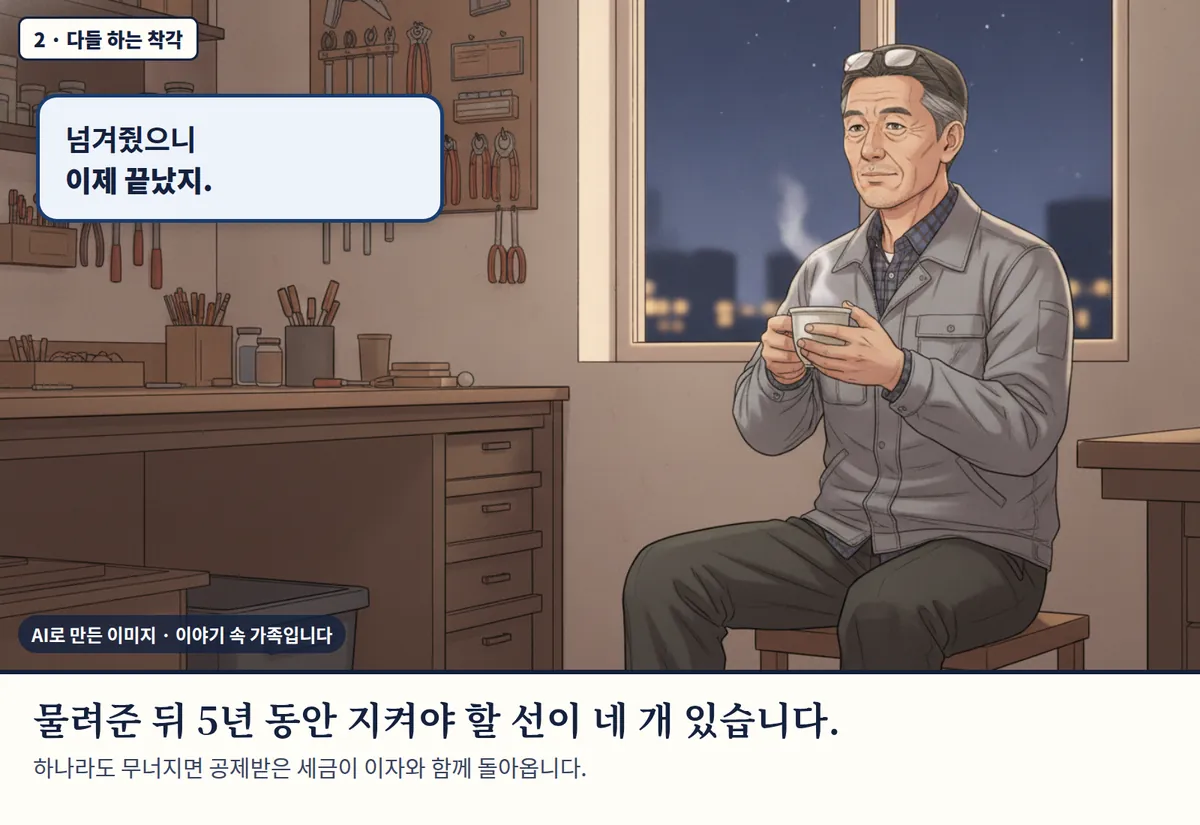 4컷 카툰 2컷(2 · 다들 하는 착각, AI로 만든 이미지, 이야기 속 가족): 넘겨줬으니 이제 끝났지. 물려준 뒤 5년 동안 지켜야 할 선이 네 개 있습니다. 하나라도 무너지면 공제받은 세금이 이자와 함께 돌아옵니다.