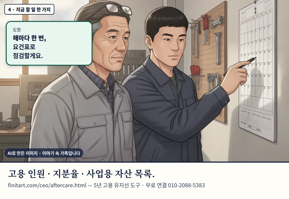 4컷 카툰 4컷(4 · 지금 할 일 한 가지, AI로 만든 이미지, 이야기 속 가족): 도현: 해마다 한 번, 요건표로 점검할게요. 고용 인원 · 지분율 · 사업용 자산 목록. finitart.com/ceo/aftercare.html — 5년 고용 유지선 도구 · 무료 연결 010-2088-5383