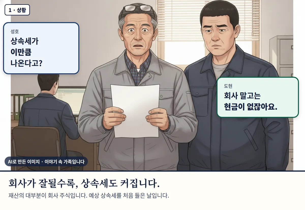 4컷 카툰 1컷(1 · 상황, AI로 만든 이미지, 이야기 속 가족): 성호: 상속세가 이만큼 나온다고? / 도현: 회사 말고는 현금이 없잖아요. 회사가 잘될수록, 상속세도 커집니다. 재산의 대부분이 회사 주식입니다. 예상 상속세를 처음 들은 날입니다.