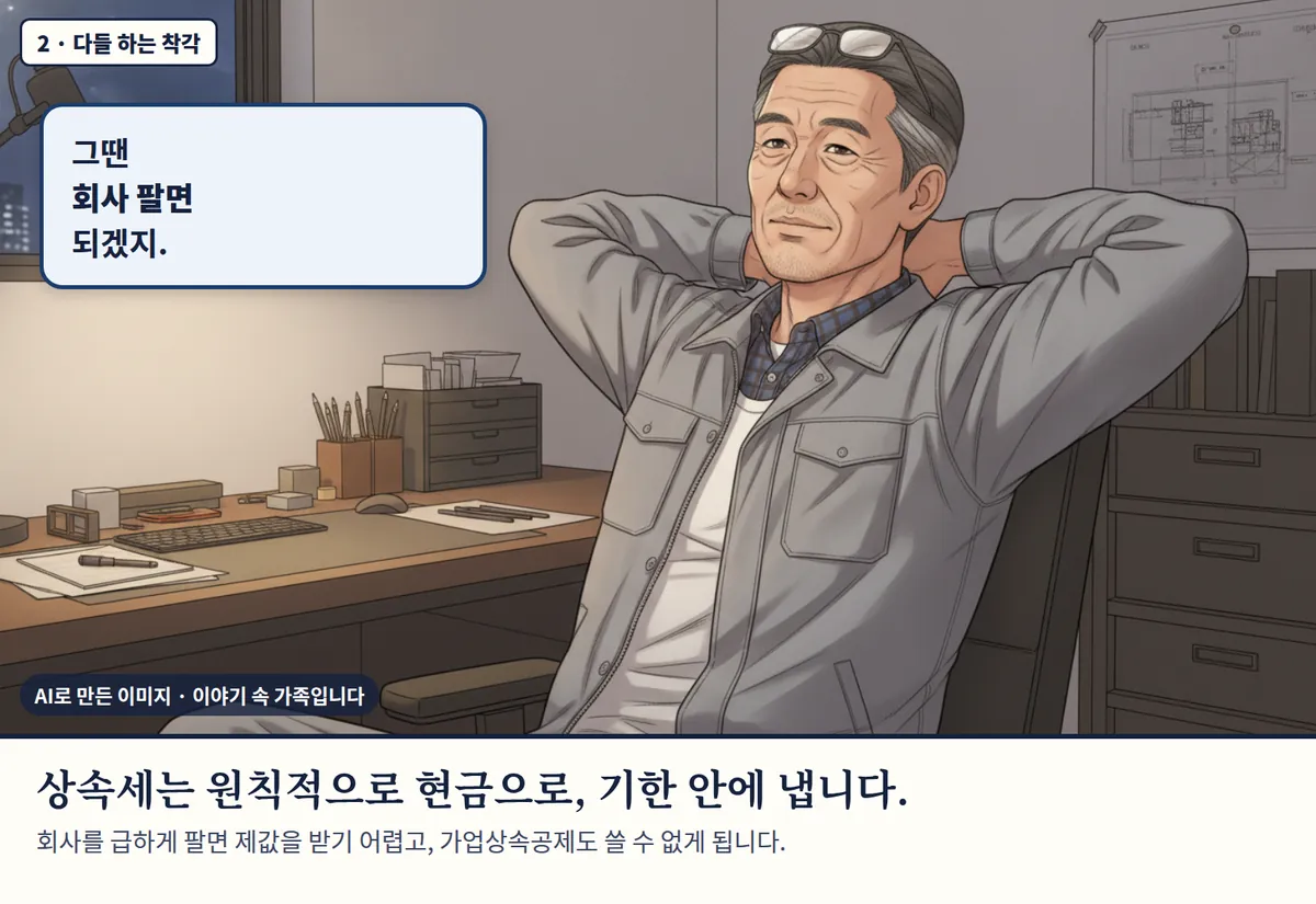 4컷 카툰 2컷(2 · 다들 하는 착각, AI로 만든 이미지, 이야기 속 가족): 그땐 회사 팔면 되겠지. 상속세는 원칙적으로 현금으로, 기한 안에 냅니다. 회사를 급하게 팔면 제값을 받기 어렵고, 가업상속공제도 쓸 수 없게 됩니다.