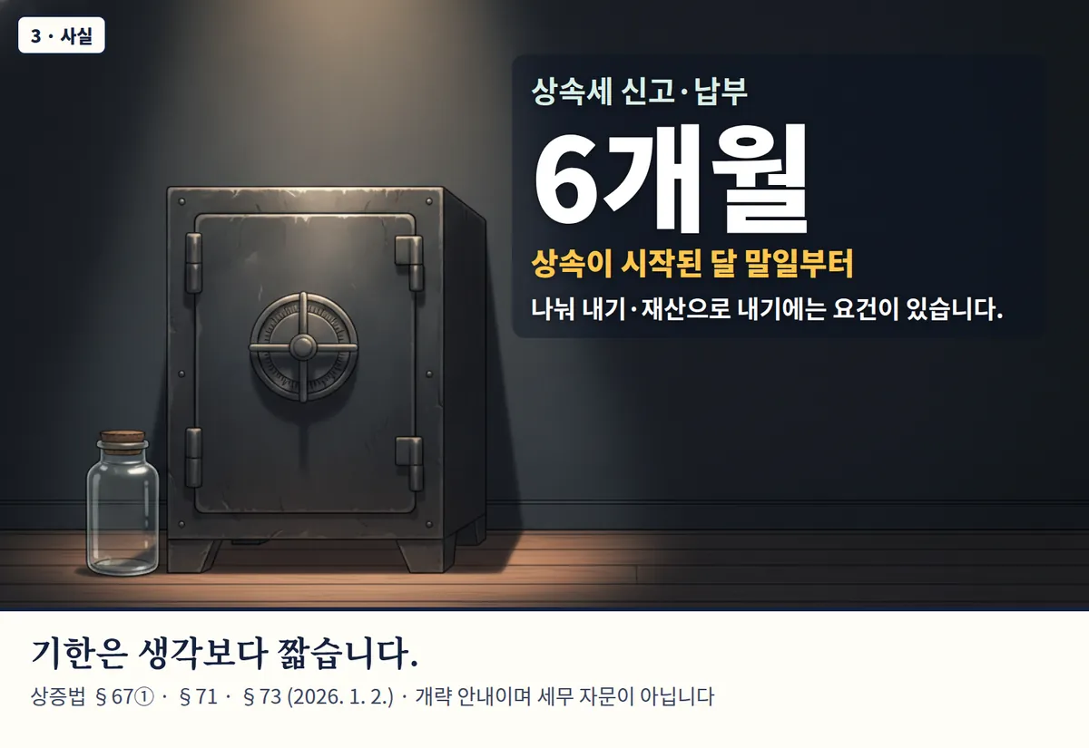 4컷 카툰 3컷(3 · 사실, AI로 만든 이미지, 이야기 속 가족): 상속세 신고·납부 6개월 — 상속이 시작된 달 말일부터. 나눠 내기·재산으로 내기에는 요건이 있습니다. 기한은 생각보다 짧습니다. 상증법 §67① · §71 · §73 (2026. 1. 2.) · 개략 안내이며 세무 자문이 아닙니다