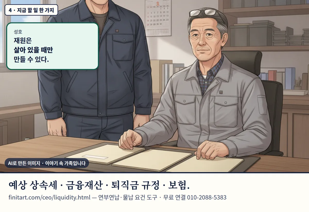 4컷 카툰 4컷(4 · 지금 할 일 한 가지, AI로 만든 이미지, 이야기 속 가족): 성호: 재원은 살아 있을 때만 만들 수 있다. 예상 상속세 · 금융재산 · 퇴직금 규정 · 보험. finitart.com/ceo/liquidity.html — 연부연납·물납 요건 도구 · 무료 연결 010-2088-5383