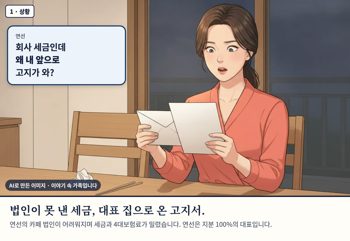 4컷 카툰 1컷(1 · 상황, AI로 만든 이미지, 이야기 속 가족): 연선: 회사 세금인데 왜 내 앞으로 고지가 와? 법인이 못 낸 세금, 대표 집으로 온 고지서. 연선의 카페 법인이 어려워지며 세금과 4대보험료가 밀렸습니다. 연선은 지분 100%의 대표입니다.