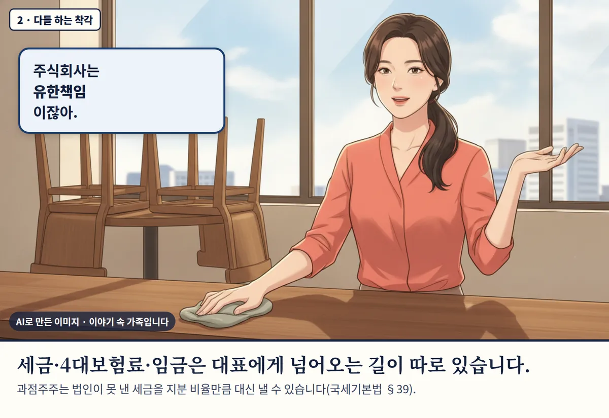 4컷 카툰 2컷(2 · 다들 하는 착각, AI로 만든 이미지, 이야기 속 가족): 주식회사는 유한책임 이잖아. 세금·4대보험료·임금은 대표에게 넘어오는 길이 따로 있습니다. 과점주주는 법인이 못 낸 세금을 지분 비율만큼 대신 낼 수 있습니다(국세기본법 §39).