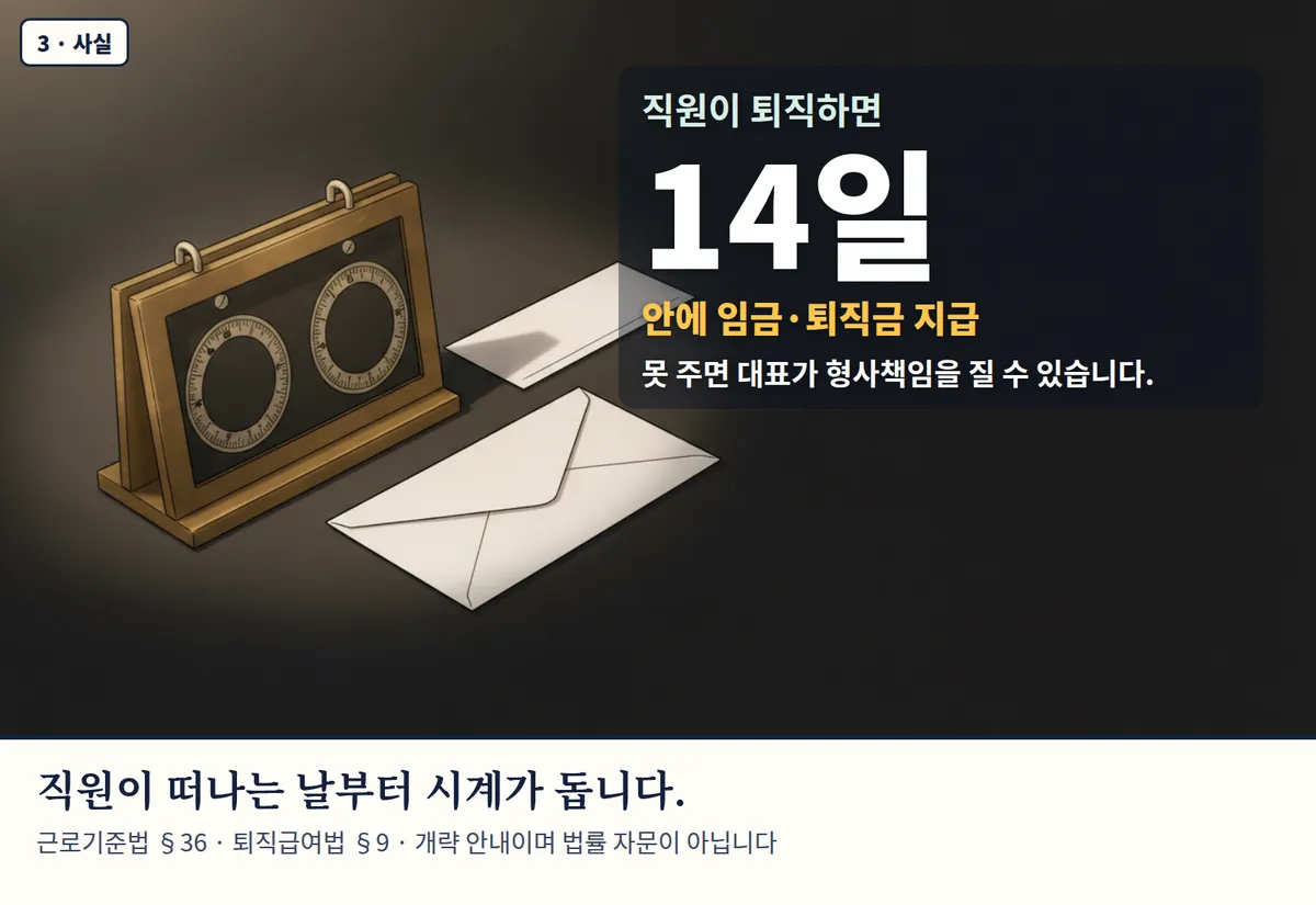 4컷 카툰 3컷(3 · 사실, AI로 만든 이미지, 이야기 속 가족): 직원이 퇴직하면 14일 — 안에 임금·퇴직금 지급. 못 주면 대표가 형사책임을 질 수 있습니다. 직원이 떠나는 날부터 시계가 돕니다. 근로기준법 §36 · 퇴직급여법 §9 · 개략 안내이며 법률 자문이 아닙니다