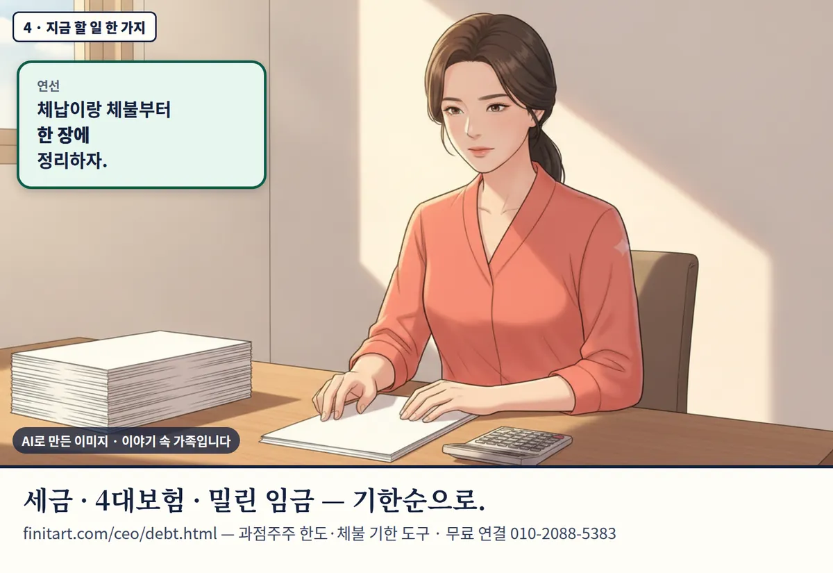 4컷 카툰 4컷(4 · 지금 할 일 한 가지, AI로 만든 이미지, 이야기 속 가족): 연선: 체납이랑 체불부터 한 장에 정리하자. 세금 · 4대보험 · 밀린 임금 — 기한순으로. finitart.com/ceo/debt.html — 과점주주 한도·체불 기한 도구 · 무료 연결 010-2088-5383