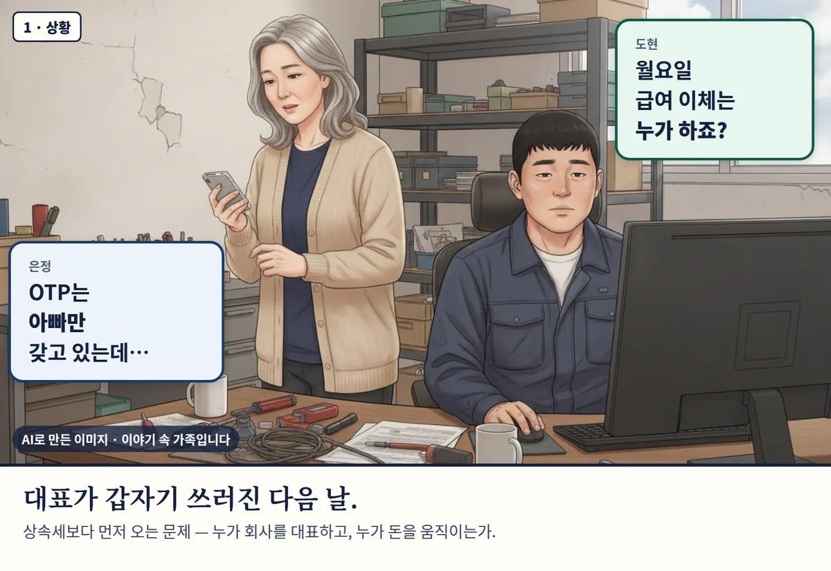 4컷 카툰 1컷(1 · 상황, AI로 만든 이미지, 이야기 속 가족): 은정: OTP는 아빠만 갖고 있는데… / 도현: 월요일 급여 이체는 누가 하죠? 대표가 갑자기 쓰러진 다음 날. 상속세보다 먼저 오는 문제 — 누가 회사를 대표하고, 누가 돈을 움직이는가.