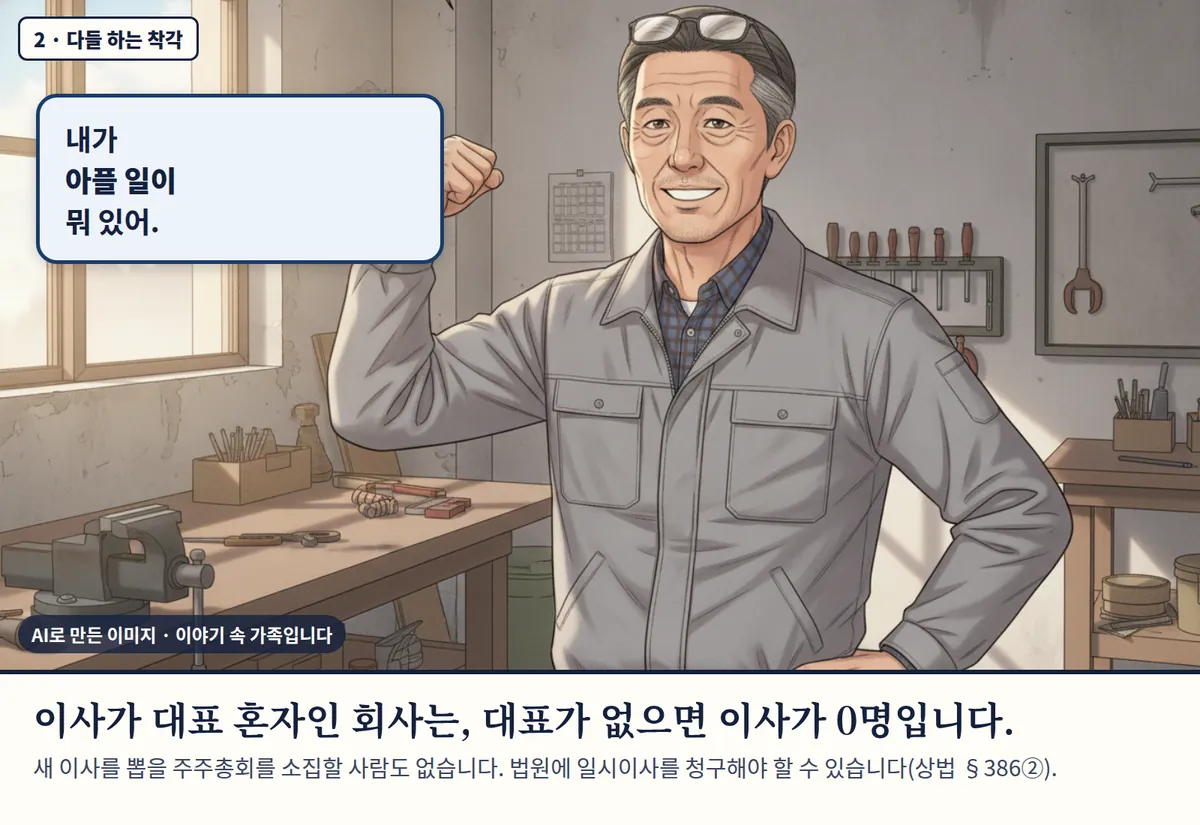 4컷 카툰 2컷(2 · 다들 하는 착각, AI로 만든 이미지, 이야기 속 가족): 내가 아플 일이 뭐 있어. 이사가 대표 혼자인 회사는, 대표가 없으면 이사가 0명입니다. 새 이사를 뽑을 주주총회를 소집할 사람도 없습니다. 법원에 일시이사를 청구해야 할 수 있습니다(상법 §386②).