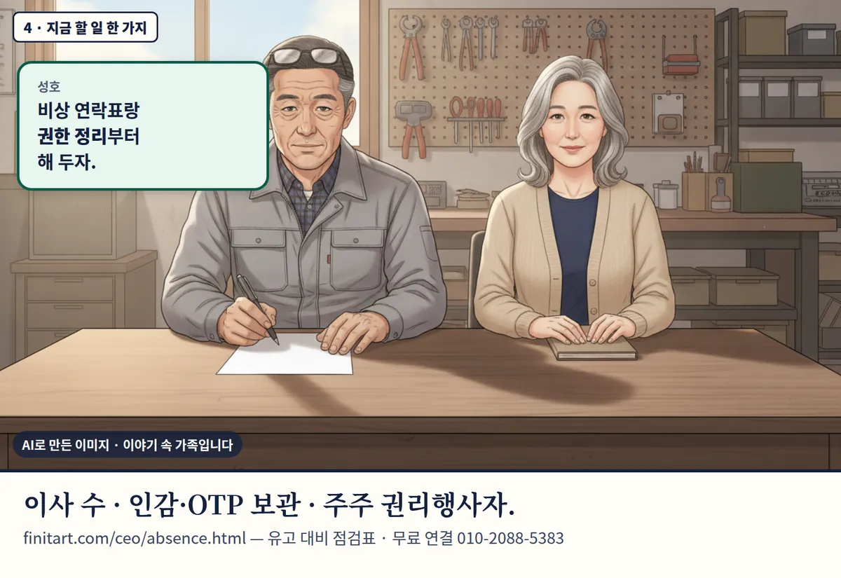 4컷 카툰 4컷(4 · 지금 할 일 한 가지, AI로 만든 이미지, 이야기 속 가족): 성호: 비상 연락표랑 권한 정리부터 해 두자. 이사 수 · 인감·OTP 보관 · 주주 권리행사자. finitart.com/ceo/absence.html — 유고 대비 점검표 · 무료 연결 010-2088-5383