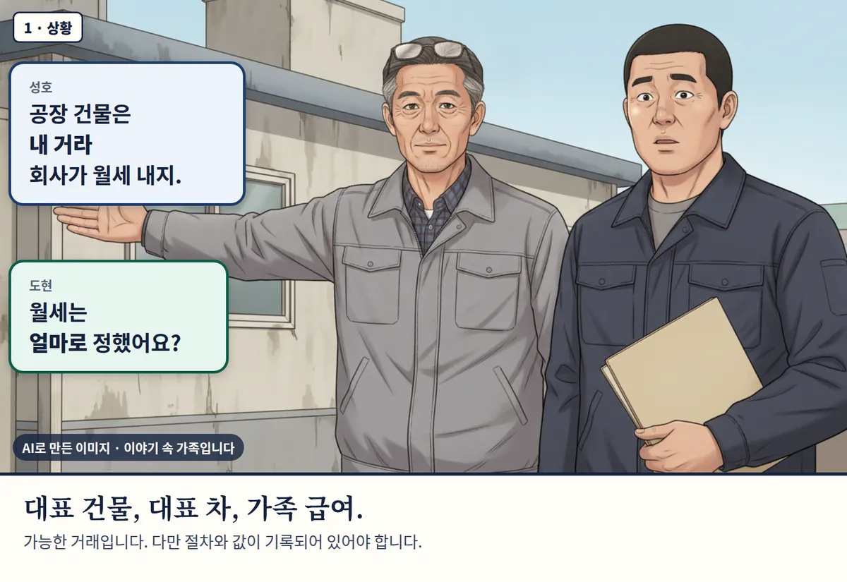 4컷 카툰 1컷(1 · 상황, AI로 만든 이미지, 이야기 속 가족): 성호: 공장 건물은 내 거라 회사가 월세 내지. / 도현: 월세는 얼마로 정했어요? 대표 건물, 대표 차, 가족 급여. 가능한 거래입니다. 다만 절차와 값이 기록되어 있어야 합니다.