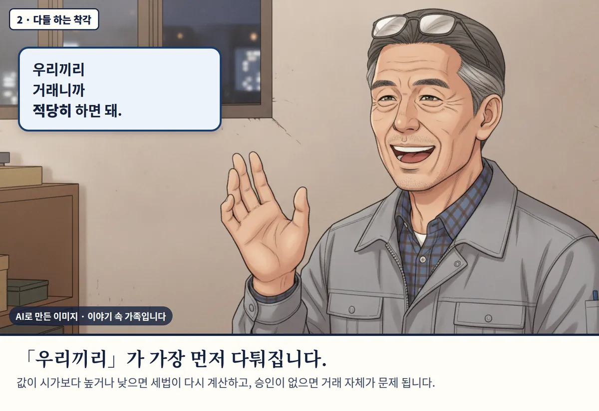 4컷 카툰 2컷(2 · 다들 하는 착각, AI로 만든 이미지, 이야기 속 가족): 우리끼리 거래니까 적당히 하면 돼. 「우리끼리」가 가장 먼저 다퉈집니다. 값이 시가보다 높거나 낮으면 세법이 다시 계산하고, 승인이 없으면 거래 자체가 문제 됩니다.
