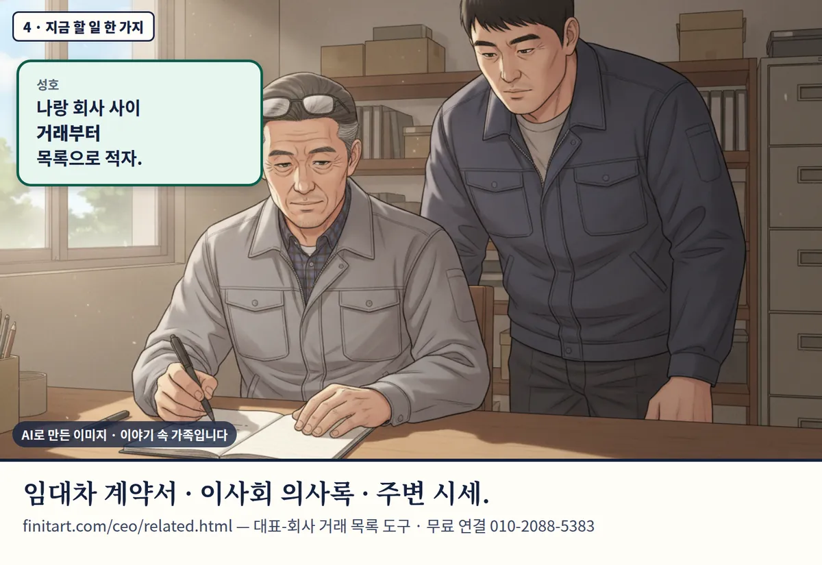 4컷 카툰 4컷(4 · 지금 할 일 한 가지, AI로 만든 이미지, 이야기 속 가족): 성호: 나랑 회사 사이 거래부터 목록으로 적자. 임대차 계약서 · 이사회 의사록 · 주변 시세. finitart.com/ceo/related.html — 대표-회사 거래 목록 도구 · 무료 연결 010-2088-5383