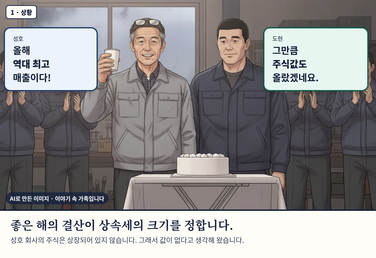 4컷 카툰 1컷(1 · 상황, AI로 만든 이미지, 이야기 속 가족): 성호: 올해 역대 최고 매출이다! / 도현: 그만큼 주식값도 올랐겠네요. 좋은 해의 결산이 상속세의 크기를 정합니다. 성호 회사의 주식은 상장되어 있지 않습니다. 그래서 값이 없다고 생각해 왔습니다.