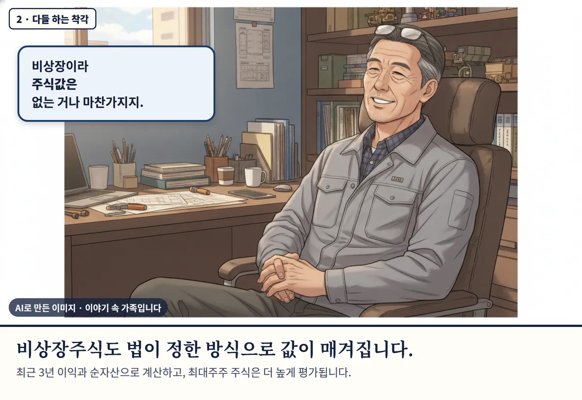 4컷 카툰 2컷(2 · 다들 하는 착각, AI로 만든 이미지, 이야기 속 가족): 비상장이라 주식값은 없는 거나 마찬가지지. 비상장주식도 법이 정한 방식으로 값이 매겨집니다. 최근 3년 이익과 순자산으로 계산하고, 최대주주 주식은 더 높게 평가됩니다.