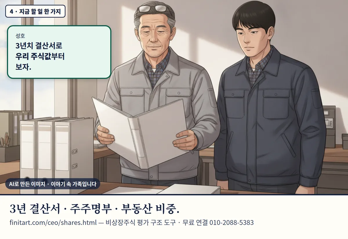 4컷 카툰 4컷(4 · 지금 할 일 한 가지, AI로 만든 이미지, 이야기 속 가족): 성호: 3년치 결산서로 우리 주식값부터 보자. 3년 결산서 · 주주명부 · 부동산 비중. finitart.com/ceo/shares.html — 비상장주식 평가 구조 도구 · 무료 연결 010-2088-5383