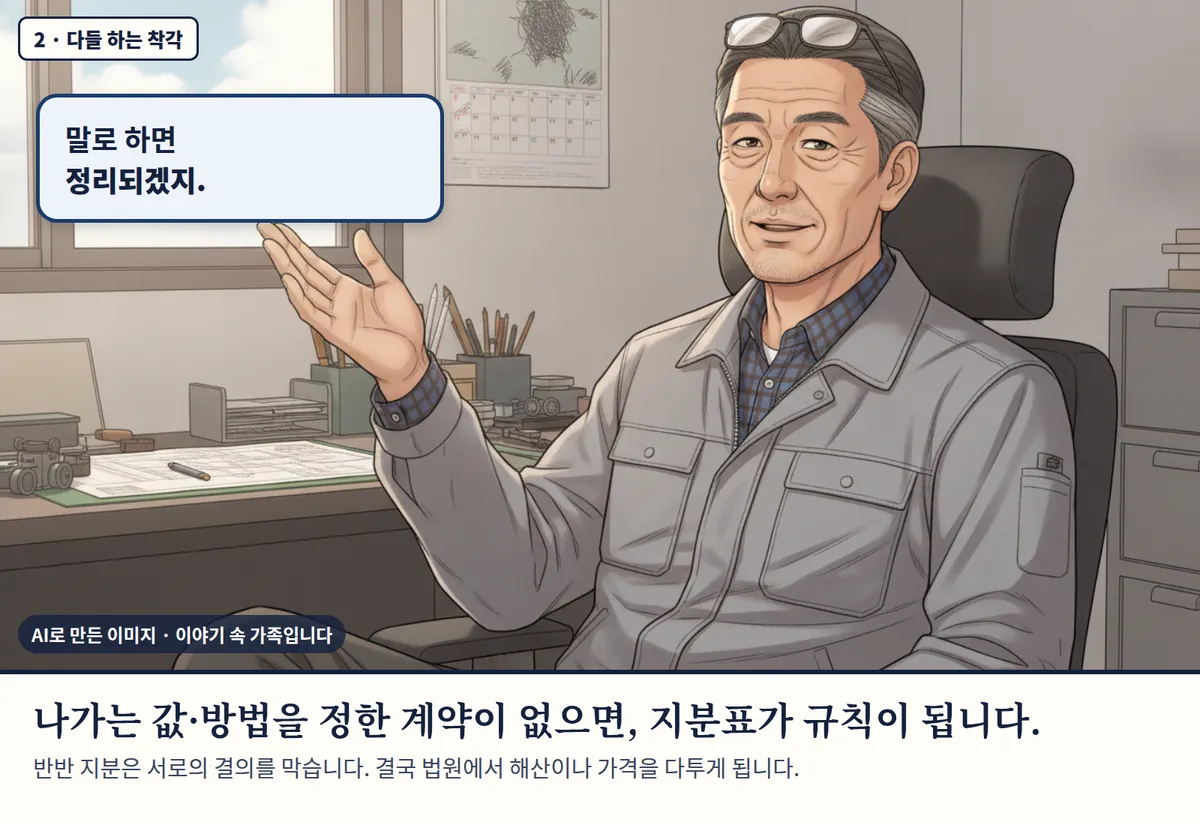 4컷 카툰 2컷(2 · 다들 하는 착각, AI로 만든 이미지, 이야기 속 가족): 말로 하면 정리되겠지. 나가는 값·방법을 정한 계약이 없으면, 지분표가 규칙이 됩니다. 반반 지분은 서로의 결의를 막습니다. 결국 법원에서 해산이나 가격을 다투게 됩니다.