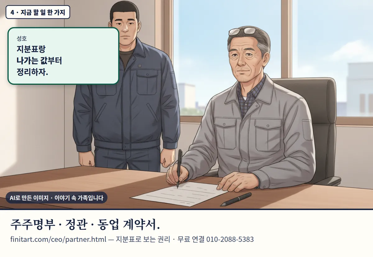 4컷 카툰 4컷(4 · 지금 할 일 한 가지, AI로 만든 이미지, 이야기 속 가족): 성호: 지분표랑 나가는 값부터 정리하자. 주주명부 · 정관 · 동업 계약서. finitart.com/ceo/partner.html — 지분표로 보는 권리 · 무료 연결 010-2088-5383