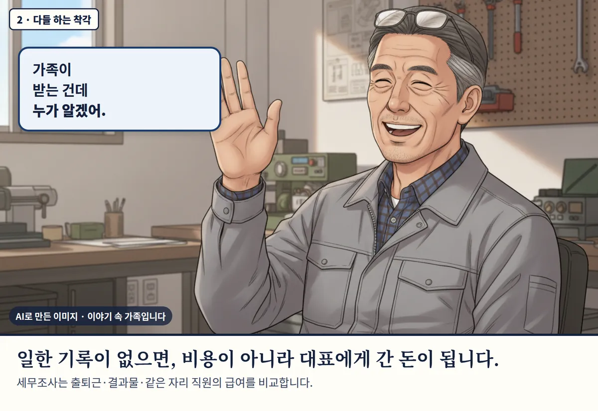 4컷 카툰 2컷(2 · 다들 하는 착각, AI로 만든 이미지, 이야기 속 가족): 가족이 받는 건데 누가 알겠어. 일한 기록이 없으면, 비용이 아니라 대표에게 간 돈이 됩니다. 세무조사는 출퇴근·결과물·같은 자리 직원의 급여를 비교합니다.