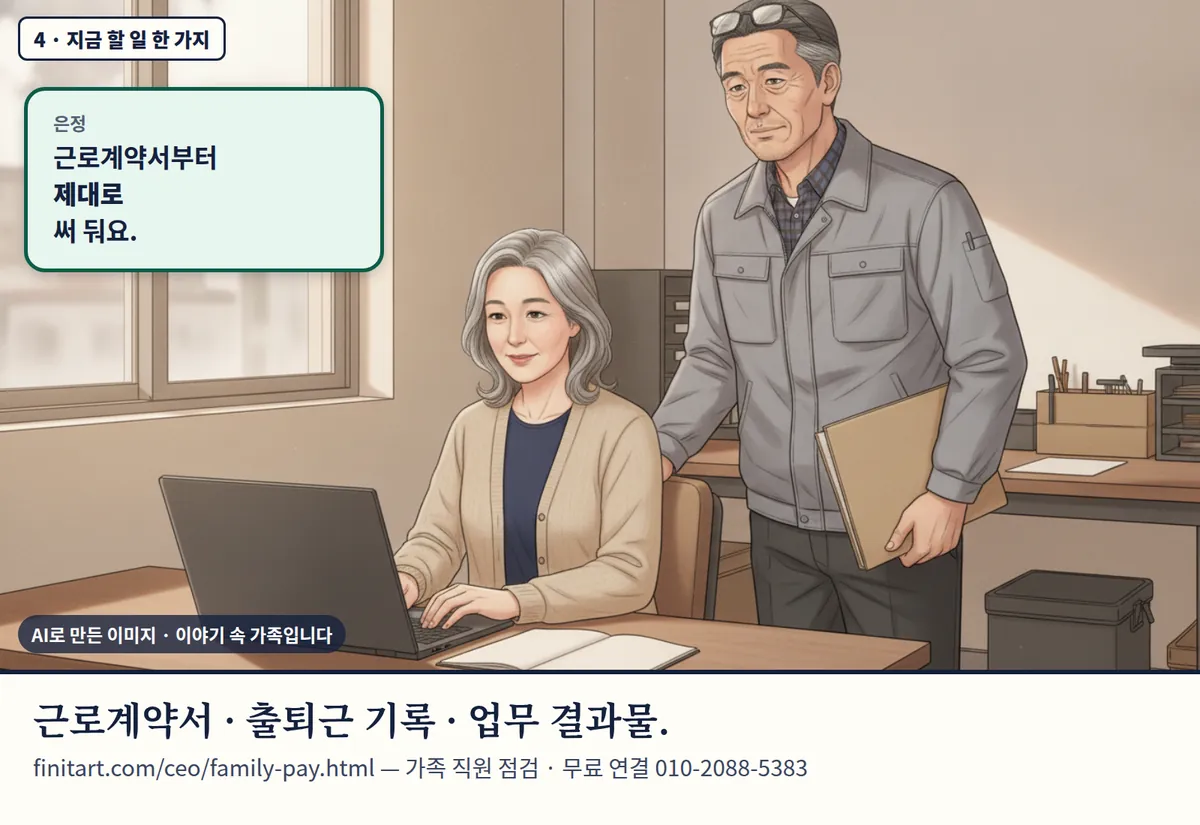 4컷 카툰 4컷(4 · 지금 할 일 한 가지, AI로 만든 이미지, 이야기 속 가족): 은정: 근로계약서부터 제대로 써 둬요. 근로계약서 · 출퇴근 기록 · 업무 결과물. finitart.com/ceo/family-pay.html — 가족 직원 점검 · 무료 연결 010-2088-5383