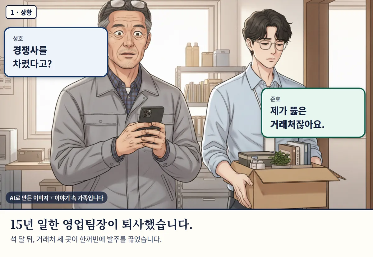 4컷 카툰 1컷(1 · 상황, AI로 만든 이미지, 이야기 속 가족): 성호: 경쟁사를 차렸다고? / 준호: 제가 뚫은 거래처잖아요. 15년 일한 영업팀장이 퇴사했습니다. 석 달 뒤, 거래처 세 곳이 한꺼번에 발주를 끊었습니다.