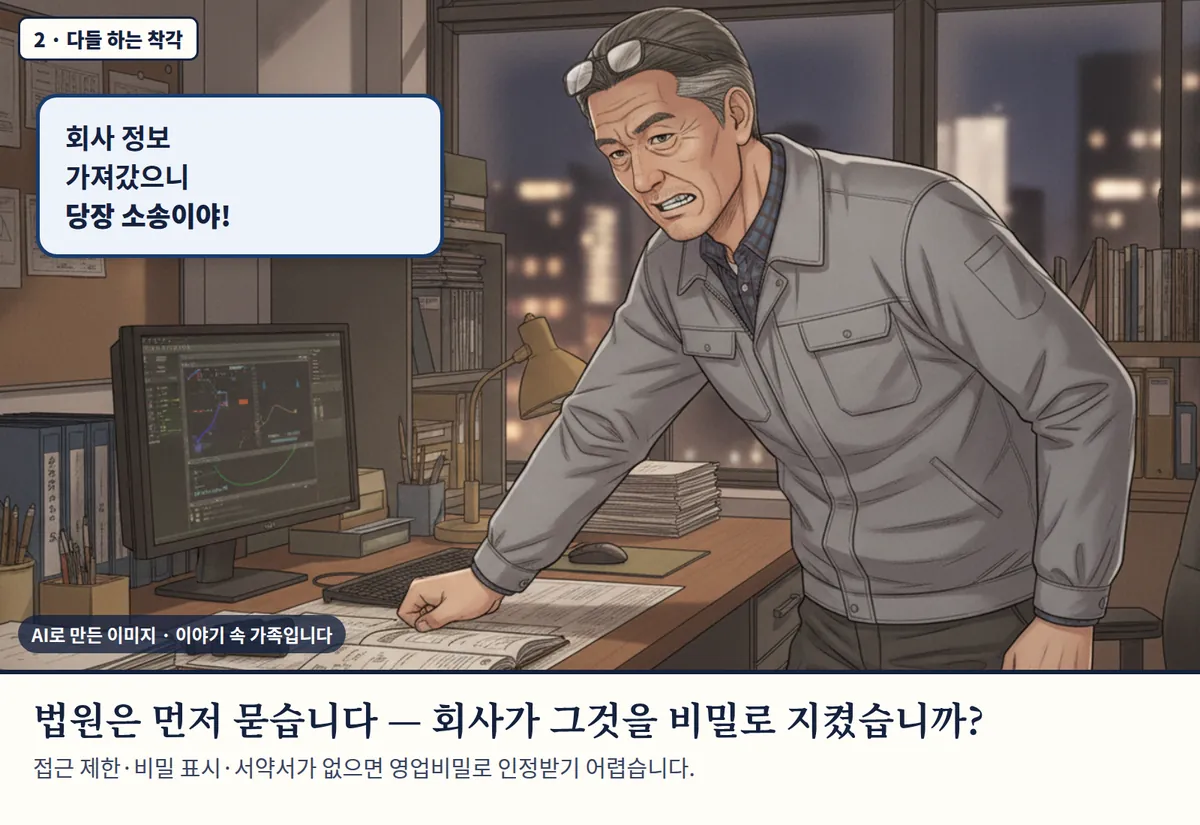 4컷 카툰 2컷(2 · 다들 하는 착각, AI로 만든 이미지, 이야기 속 가족): 회사 정보 가져갔으니 당장 소송이야! 법원은 먼저 묻습니다 — 회사가 그것을 비밀로 지켰습니까? 접근 제한·비밀 표시·서약서가 없으면 영업비밀로 인정받기 어렵습니다.