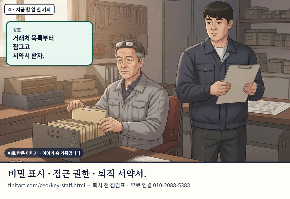 4컷 카툰 4컷(4 · 지금 할 일 한 가지, AI로 만든 이미지, 이야기 속 가족): 성호: 거래처 목록부터 잠그고 서약서 받자. 비밀 표시 · 접근 권한 · 퇴직 서약서. finitart.com/ceo/key-staff.html — 퇴사 전 점검표 · 무료 연결 010-2088-5383