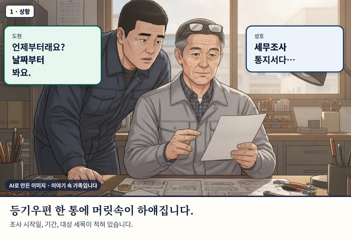 4컷 카툰 1컷(1 · 상황, AI로 만든 이미지, 이야기 속 가족): 도현: 언제부터래요? 날짜부터 봐요. / 성호: 세무조사 통지서다… 등기우편 한 통에 머릿속이 하얘집니다. 조사 시작일, 기간, 대상 세목이 적혀 있습니다.