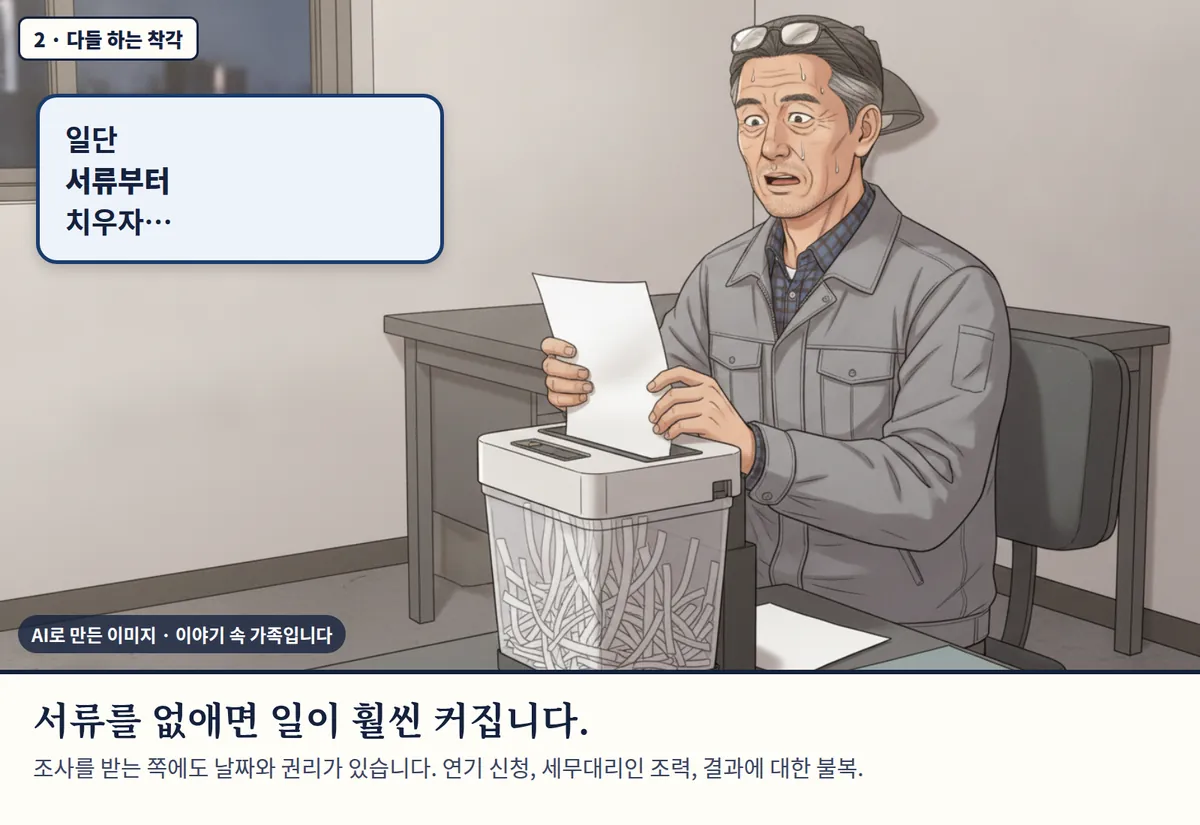 4컷 카툰 2컷(2 · 다들 하는 착각, AI로 만든 이미지, 이야기 속 가족): 일단 서류부터 치우자… 서류를 없애면 일이 훨씬 커집니다. 조사를 받는 쪽에도 날짜와 권리가 있습니다. 연기 신청, 세무대리인 조력, 결과에 대한 불복.
