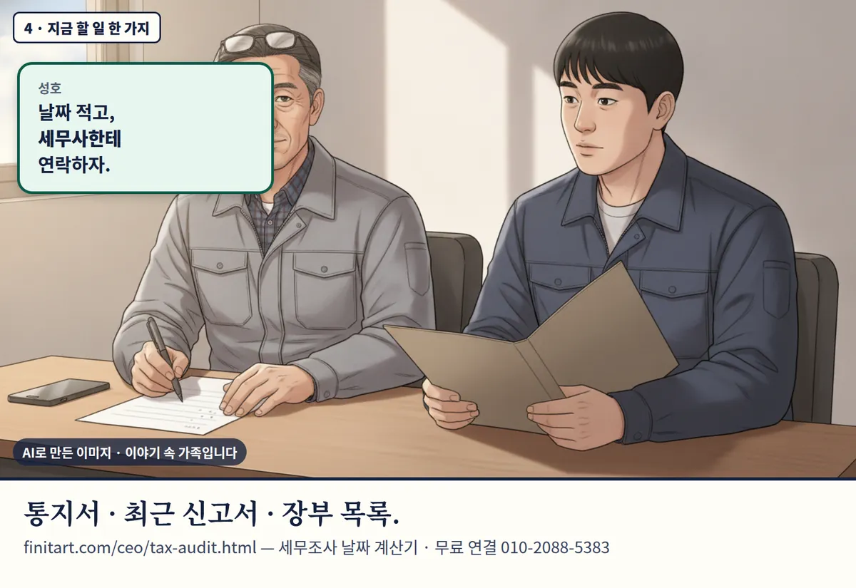 4컷 카툰 4컷(4 · 지금 할 일 한 가지, AI로 만든 이미지, 이야기 속 가족): 성호: 날짜 적고, 세무사한테 연락하자. 통지서 · 최근 신고서 · 장부 목록. finitart.com/ceo/tax-audit.html — 세무조사 날짜 계산기 · 무료 연결 010-2088-5383