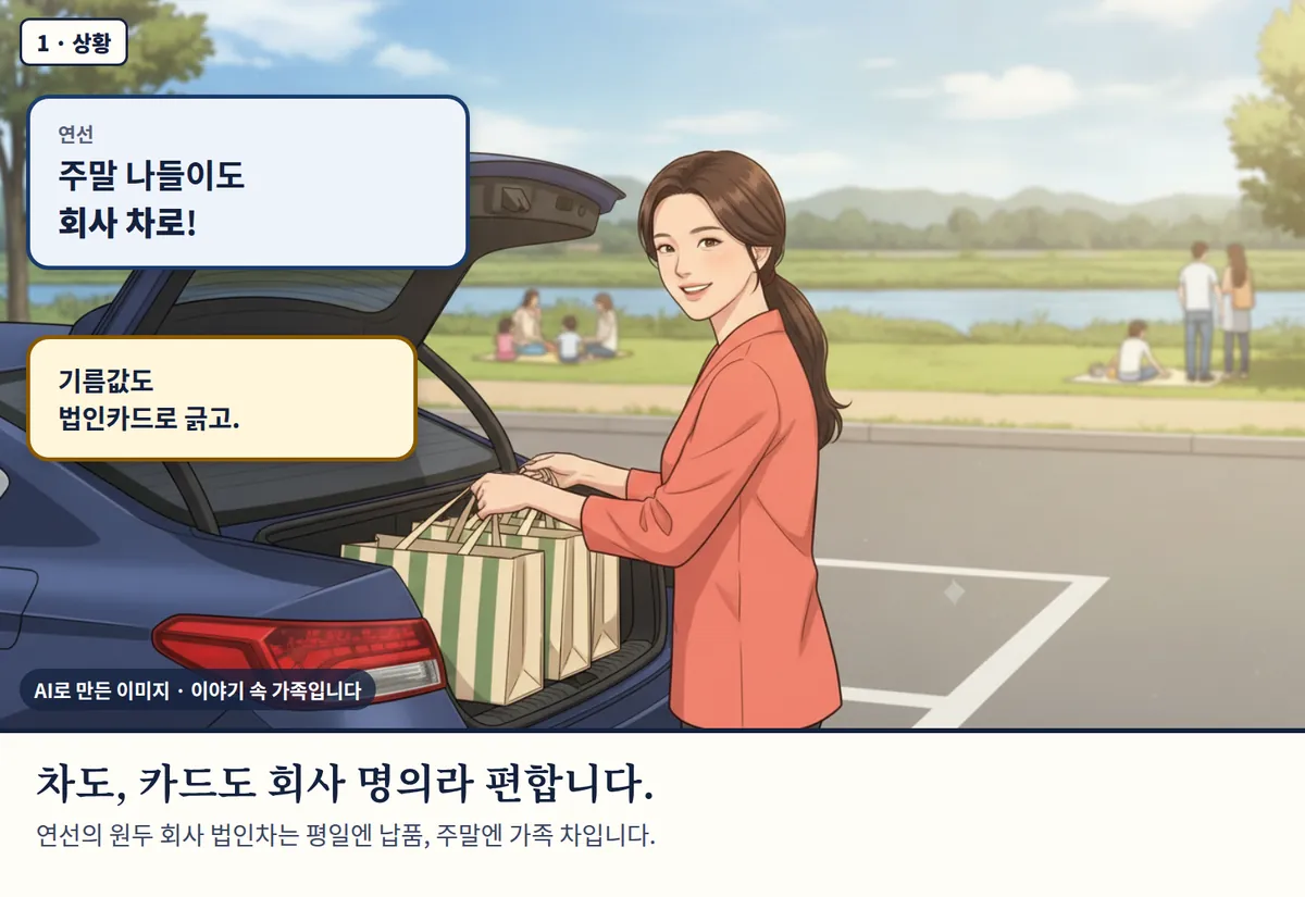 4컷 카툰 1컷(1 · 상황, AI로 만든 이미지, 이야기 속 가족): 연선: 주말 나들이도 회사 차로! / 기름값도 법인카드로 긁고. 차도, 카드도 회사 명의라 편합니다. 연선의 원두 회사 법인차는 평일엔 납품, 주말엔 가족 차입니다.