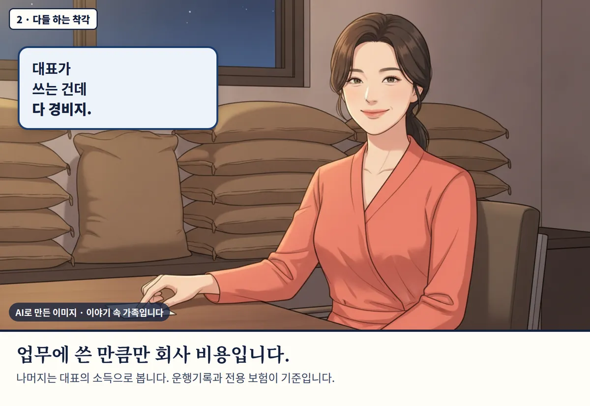 4컷 카툰 2컷(2 · 다들 하는 착각, AI로 만든 이미지, 이야기 속 가족): 대표가 쓰는 건데 다 경비지. 업무에 쓴 만큼만 회사 비용입니다. 나머지는 대표의 소득으로 봅니다. 운행기록과 전용 보험이 기준입니다.