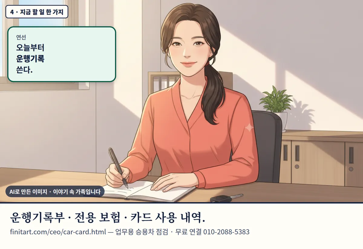 4컷 카툰 4컷(4 · 지금 할 일 한 가지, AI로 만든 이미지, 이야기 속 가족): 연선: 오늘부터 운행기록 쓴다. 운행기록부 · 전용 보험 · 카드 사용 내역. finitart.com/ceo/car-card.html — 업무용 승용차 점검 · 무료 연결 010-2088-5383