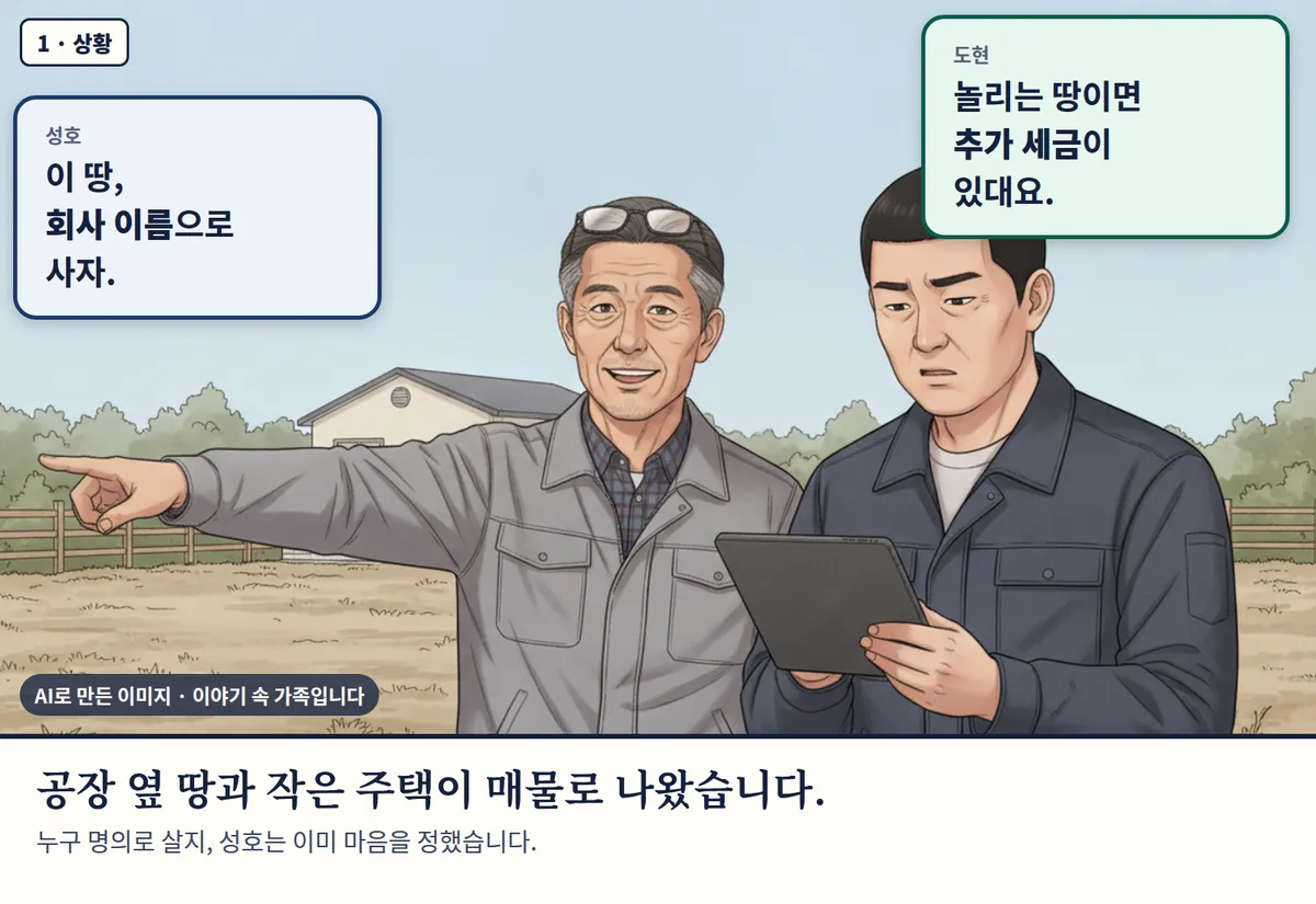 4컷 카툰 1컷(1 · 상황, AI로 만든 이미지, 이야기 속 가족): 성호: 이 땅, 회사 이름으로 사자. / 도현: 놀리는 땅이면 추가 세금이 있대요. 공장 옆 땅과 작은 주택이 매물로 나왔습니다. 누구 명의로 살지, 성호는 이미 마음을 정했습니다.