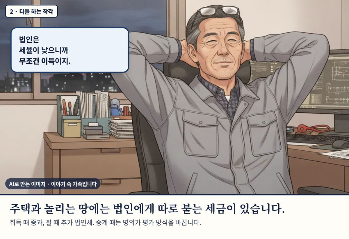4컷 카툰 2컷(2 · 다들 하는 착각, AI로 만든 이미지, 이야기 속 가족): 법인은 세율이 낮으니까 무조건 이득이지. 주택과 놀리는 땅에는 법인에게 따로 붙는 세금이 있습니다. 취득 때 중과, 팔 때 추가 법인세. 승계 때는 명의가 평가 방식을 바꿉니다.