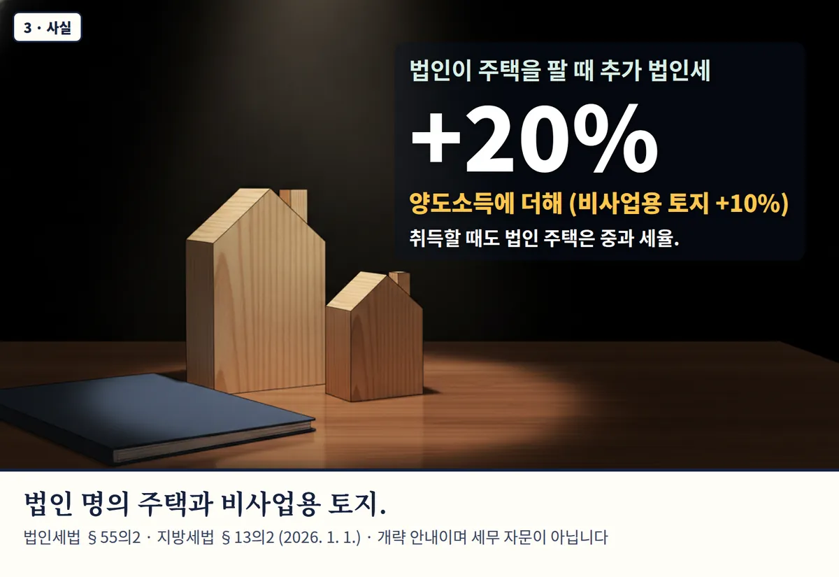 4컷 카툰 3컷(3 · 사실, AI로 만든 이미지, 이야기 속 가족): 법인이 주택을 팔 때 추가 법인세 +20% — 양도소득에 더해 (비사업용 토지 +10%). 취득할 때도 법인 주택은 중과 세율. 법인 명의 주택과 비사업용 토지. 법인세법 §55의2 · 지방세법 §13의2 (2026. 1. 1.) · 개략 안내이며 세무 자문이 아닙니다